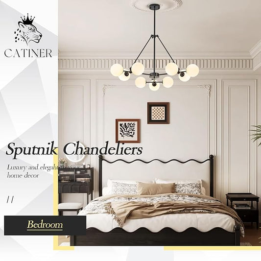 CATINER L40” Black Sputnik Chandeliers 9-Lights Mid Century Chandelier Modern Ceiling Pendant Light Fixtures with Milk Glass Globe Shades for Living Dining Room Foyer Entryway Kitchen Bedroom