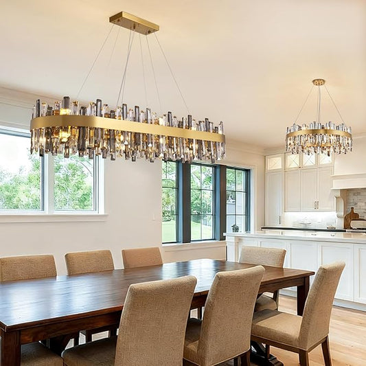Siljoy Gold Crystal Chandelier for Dining Room, Large Modern 2-Tiers K9 Crystal Raindrop Chandelier, 20 Lights Luxury Adjustable Hanging Ceiling Light for Living Room Kitchen Island Bar L52''