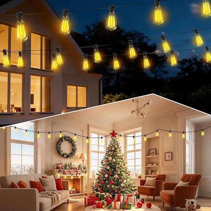 Solar Lights Outdoor Waterproof: ST38 50FT 15M Shatterproof Bulbs Patio Lights - Solar Powered & USB Charging- Remote Control 3 Light Modes Dimmable Solar Light - Camping Backyard Garden