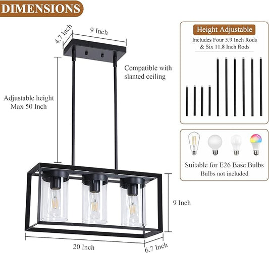 Black Rectangle Farmhouse Chandeliers, 3-Light Modern Linear Dining Room Light Fixture with Clear Glass Shades, Kitchen Island Lighting Fixtures Over Table Ceiling Hanging Pendant Lights