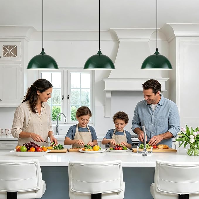 9.8 inch Green Dome Pendant Lights Kitchen Island 3 Pack, Modern Farmhouse Pendant Lights, Vintage Industrial Kitchen Pendant Lighting, Island Lights for Kitchen, Dining Room