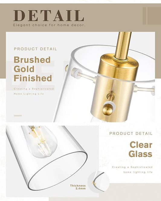 Beionxii Pendant Lights Kitchen Island 2 Pack, Brushed Gold Modern Kitchen Pendant Lighting Over Island, Hanging Lights with Clear Glass for Sink, Dining Room, Entryway, BX-PL03BG-2CG