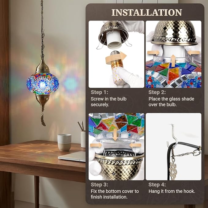 Turkish Moroccan Mosaic Pendant Light - Handcrafted Tiffany Style Swag Lamp with 15ft Cord, Vintage Glass Ceiling Fixture Lighting for Mediterranean Decor (Blue1)