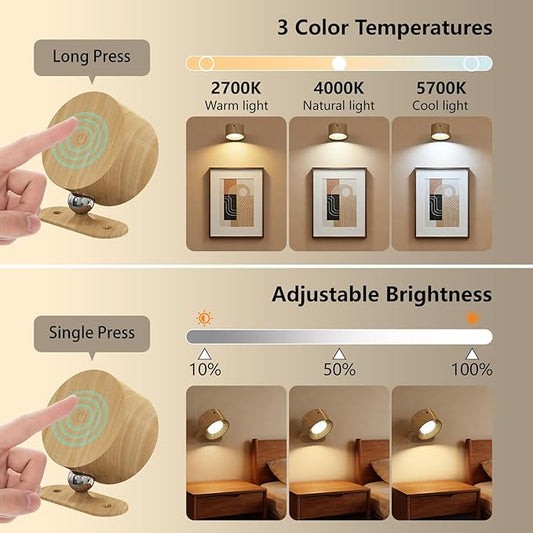 Kitloo LED Wall Sconces, Rechargeable Wall Mounted Lamps w/Remote, 360°Magnetic Rotating Wall Lights 3 Color Temps & Touch Control, Dimmable Cordless Lights for Study Bedside Bedroom Hallway 2 Pack