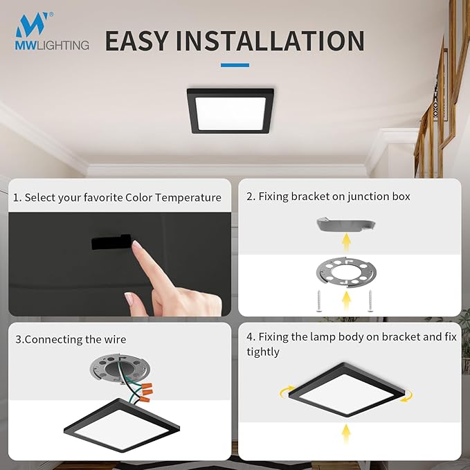9 Inch Square Black Ceiling Light, 18W, 120V, 3000K/4000K/5000K Adjustable, Dimmable Slim LED Ceiling Light, Low Profile Fixtures for Bedroom, Kitchen, Hallway, Laundry, ETL Listed, Each Side is 8.43"