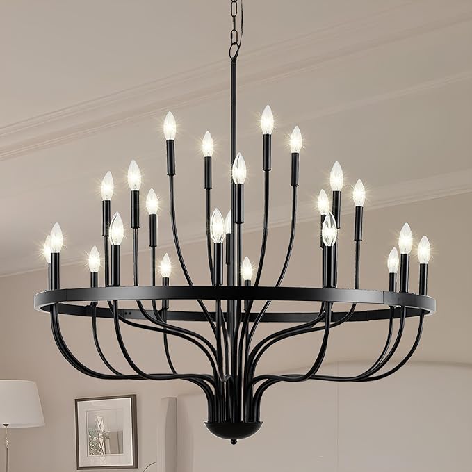 Modern Farmhouse Chandelier for Dining Room 24 Lights, Black Chandelier Light Fixture,Adjustable Height Hanging Candle Pendant Lighting for Kitchen Island (Black 24-Lights)