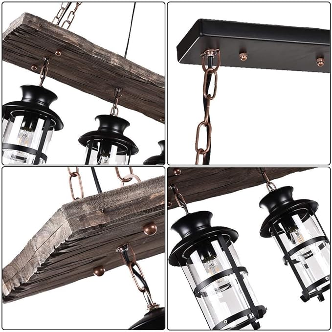 Wood Retro Pendant Lighting Industrial Vintage Chandelier Black Metal Bedroom Restaurant Suspension Lamp Cage Frame with Glass Shade House Loft Bar Coffee Decoration Ceiling Lights Fitting, E27