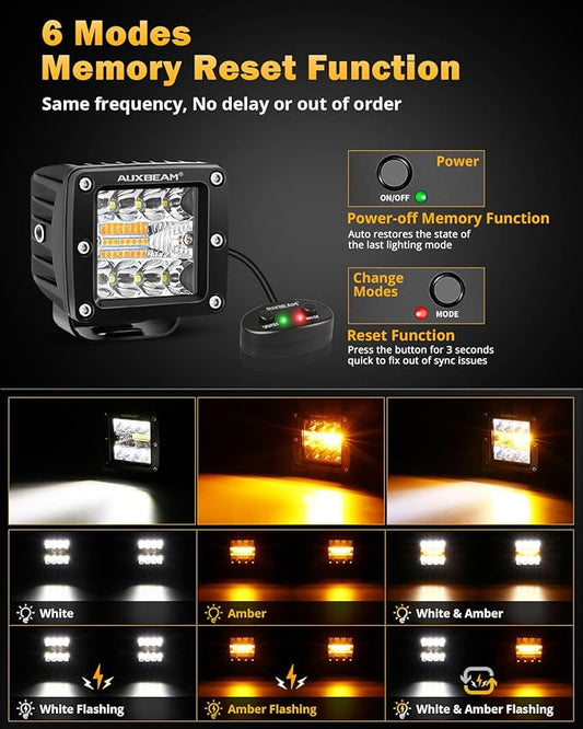 Auxbeam 6 Modes Amber White Series LED Cubes, 3Inch 72W LED Pods Dual Color Off-Road Strobe Lights, Spot Flood Combo Driving Offroad Ditch Lights Flashing Warning Functional, Pair