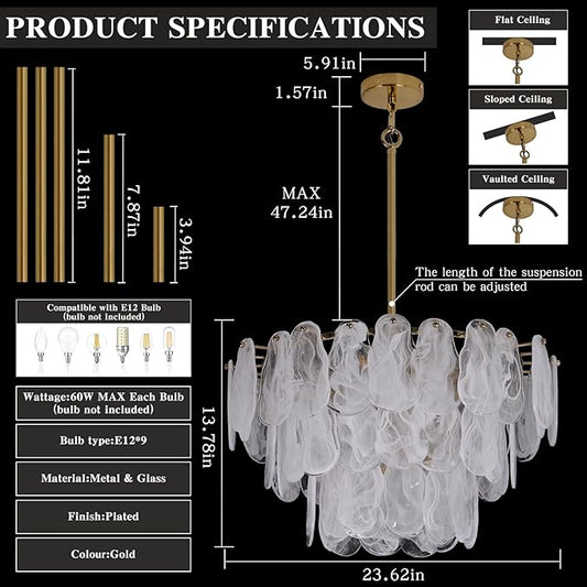 Modern Crystal Glass Chandelier, 23.6" Gold Luxury Hanging Pendant Light Fixture, 9-Light Round Cloud Ceiling Chandeliers Lighting for Dining Room Living Room Bedroom Foyer Stairway, E12