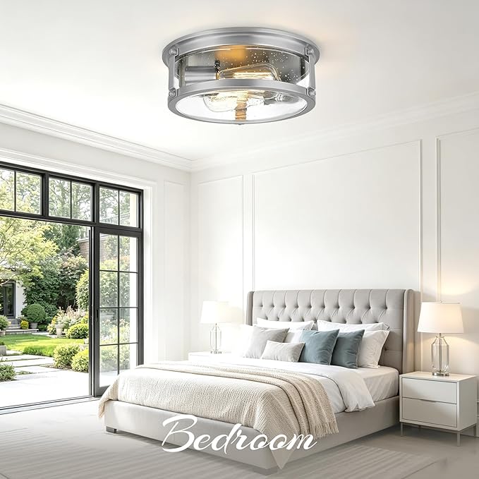 Flush Mount Ceiling Light, 2-Light Metal Cage Ceiling Light Fixture, Brushed Nickel Flush Mount Light with Seeded Glass Shade for Kitchen, Hallway, Bedroom (12 Inch)
