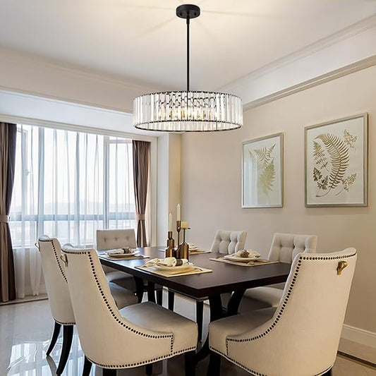 YURNYQ Black Crystal Chandelier for Dining Room, 6-Light Modern Semi Flush Mount Chandelier Lighting Fixtures, Round Kitchen Hanging Drum Pendant Lights Ceiling for Living Room Bedroom Foyer, 19.6Inch