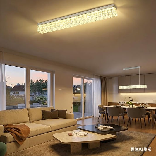ykolupty L 40" Modern Rectangle Chandelier Silver Rectangular Flush Mount Chandelier Crystal Ceiling Light Fixture for Dining Living Room Kitchen Island