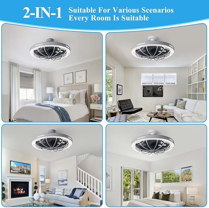 Socket Fan Light with Remote, 13 inch Socket Ceiling Fan with Dimmable Led Light, 3 Colors 3000K-6500K, 3 Speeds, Flush Mount Ceiling Fans with Lights for Bedroom, Kitchen, Living Room-Gery