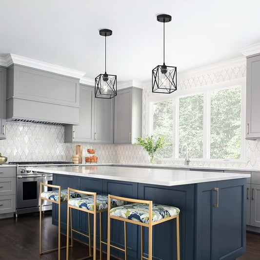 Farmhouse Black Pendant Light with Seeded Glass Industrial Cage Blown Clear Bubble Glass Hanging Lighting Adjustable Cord for Kitchen Island Over Sink Hallway