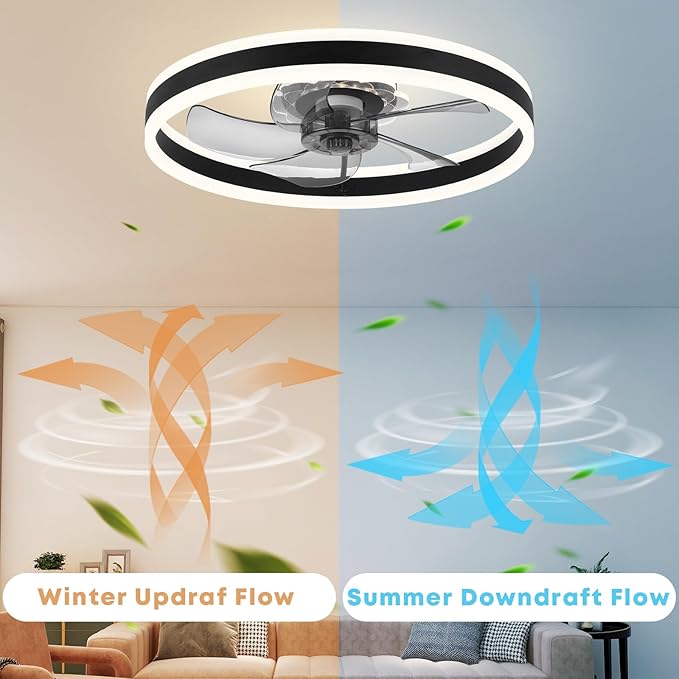 Fszdorj 23.6'' Ceiling Fan with Light, Upgraded Low Profile Fan, Flush Mount Ceiling Fan, 6 Speeds, Dimmable LED, App & Remote Control, Quiet DC Motor, for Bedroom, Living Room, F105 Black