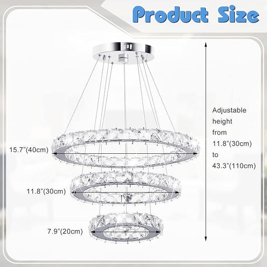 Crystal Chandeliers Modern LED 3 Ring Chandelier Adjustable Ceiling Light Fixtures Pendant Lighting Stainless Steel Hanging Lights for Living Room Dining Room Bathroom Bedroom, Cold White (Round)