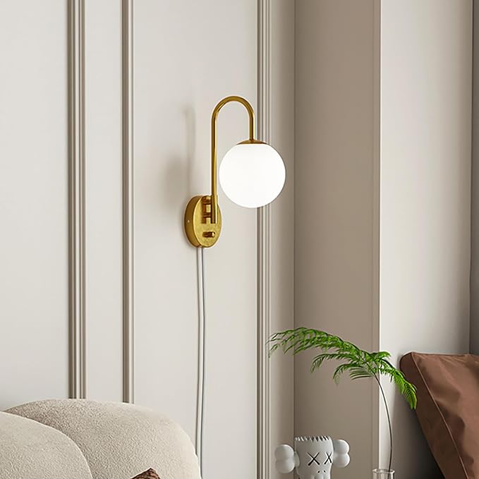 Dimmable E12 Wall Sconces Set of 2,Plug in Wall Sconces with 6.56ft Power Cord,Globe Electric Plug in Wall Sconce,Wall Lights with Milky White Glass Globe Shade(2 Bulbs Included)