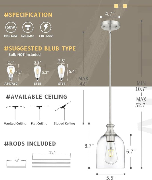 AUTELO Brushed Nickel Pendant Lights, 1-Light Kitchen Pendant Lighting with Clear Cylinder Glass, Modern Pendant Lights Kitchen Island with Adjustable Rods, H2511 CLST