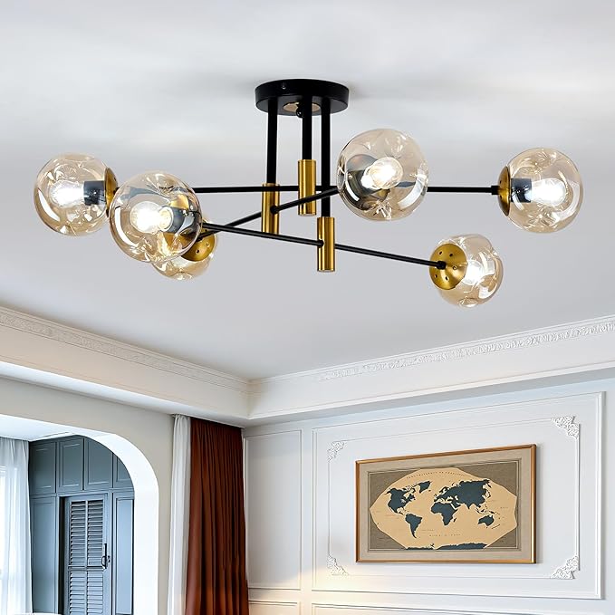 6-Lights Sputnik Ceiling Light Fixture Mid Century Modern Glass Globe Flush Mount Chandelier Black and Gold Farmhouse Lighting for Living Room Dining Room Bedroom Kitchen