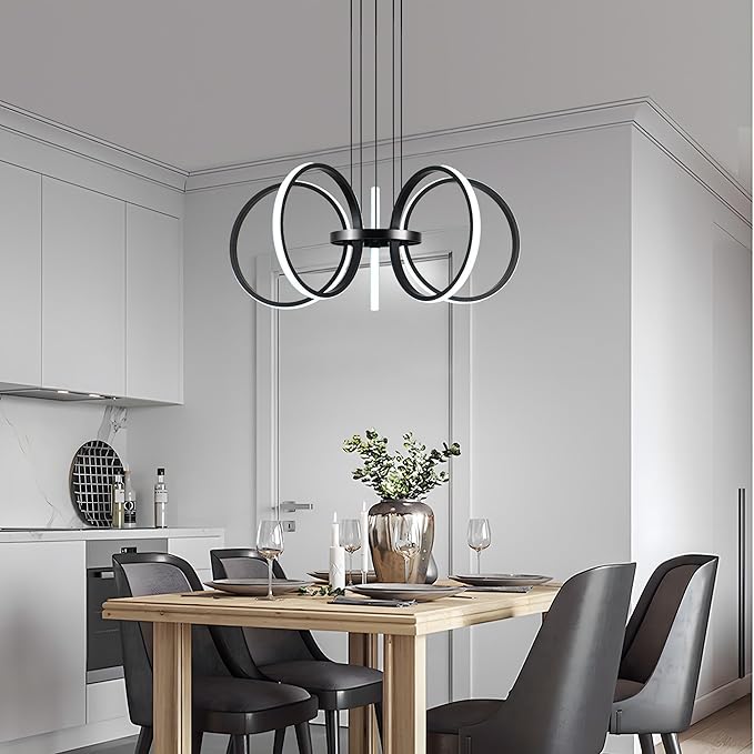 MAYNA Modern LED Chandelier, Black Pendant Light with 5 Rings, Adjustable Height Modern Chandeliers for Dining Room Living Room Kitchen Bedroom Entryway,6000k Daylight