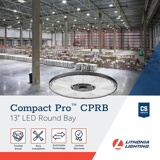 Lithonia Lighting Compact Pro Round LED High Bay Light, Ceiling Lighting Fixture, Adjustable 12000/15000/18000 Lumens, Selectable 4000K/5000K, UVOLT 120–347V, Black (CPRB ALO13 UVOLT SWW9 80CRI DBL)