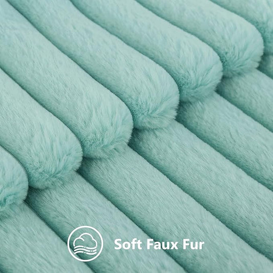 decorUhome Summer Cozy Faux Fur Throw Pillow Covers 12x20 Set of 2 Decorative Soft Plush Striped Lumbar Modern Farmhouse Boho Couch Pillow Cases with Velvet Back for Sofa Bed Living Room, Aqua