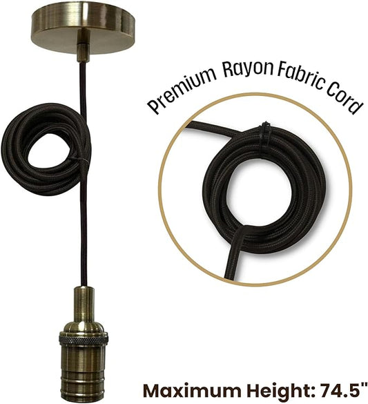 Royal Designs, Inc. Hanging Pendant Lighting, Vintage-Style Keyless Pendant Light Socket and Canopy, Antique Brass with Brown Rayon Fabric Cord