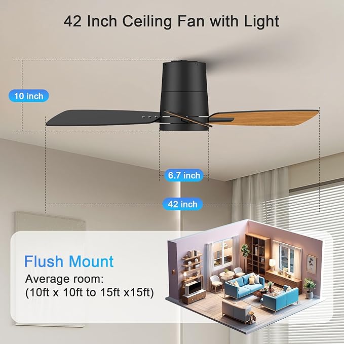 Ceiling Fans with Lights,42 inch,Quiet Reversible Motor,Easy to Install,6 Speeds,Dimmable,Timer, Black Modern Ceiling Fan for Living Room, Bedroom, Kitchen, Dining room, Office