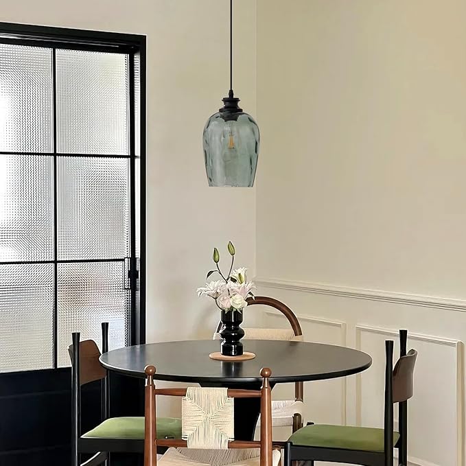 Plug in Pendant Light Green Hand Blown Rippled Glass Shade On/Off Switch 16.4 Ft Cord E26 Base Pendant Lighting for Living Room Sunroom Porch