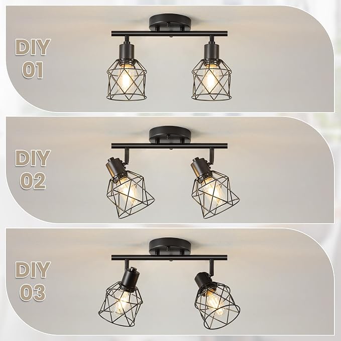 2-Lights Kitchen Track Lighting, Adjustable Multi-Directional Ceiling Light Fixtures, Rotatable Farmhouse Light Fixtures Mount with Metal Cage for Dining Room, Living Room, Bedroom, E26 Base