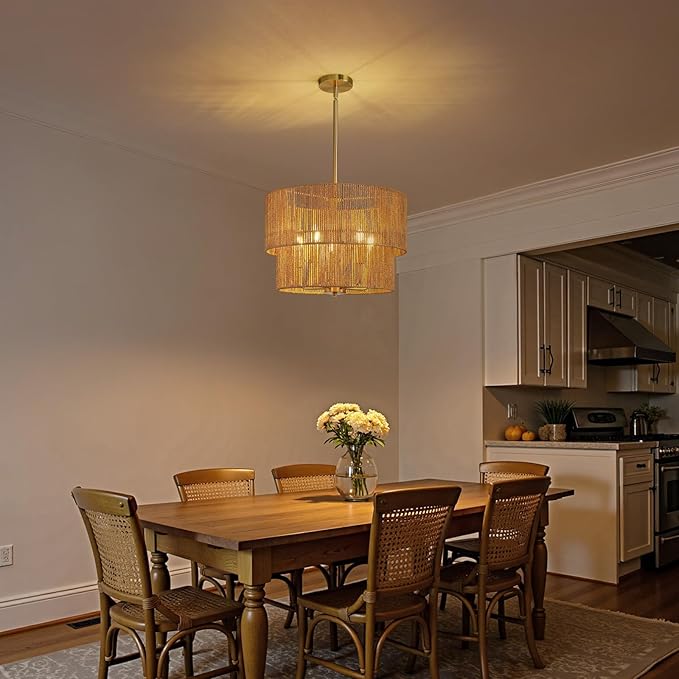 RUIYEY Rattan Chandelier Light Fixtures: 18 inch Boho Pendant Lights with Wicker Lampshade, E12 5 Light Height Adjustable Hand Woven Hanging Chandeliers for Dining Room Kitchen Farmhouse Living Room