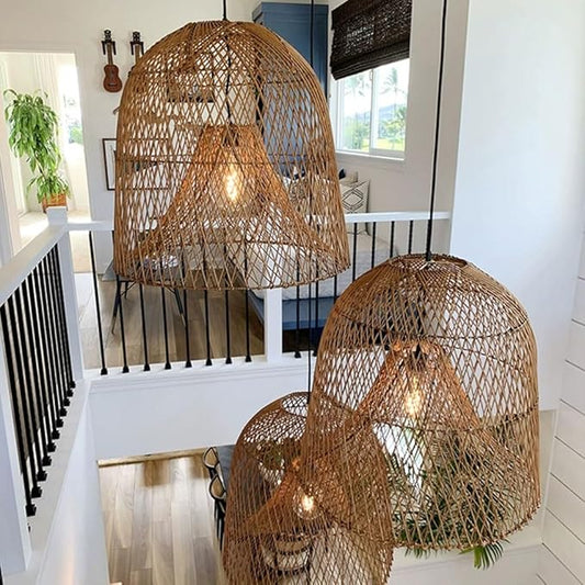 17.7" Large Rattan Pendant Light Kitchen Island Boho Hollow Decor Hanging Lamp Fixture Natural Woven Bell Ceiling Hanging Lamp for Living Room, Bedroom, Dining Room Restaurant