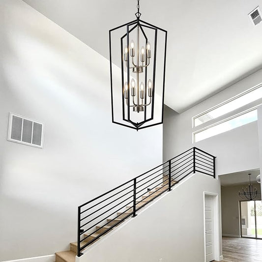 Lanhall 8-Light Lantern Tired Farmhouse Ceiling Hanging Light Black Chandelier Metal Modern Pendant Light Fixtures for Kitchen Island Dining Room Living Room Foyer Entryway-Brushed Nickel
