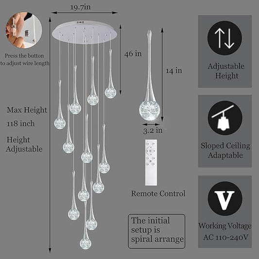 Modern Crystal Staircase Chandelier for High Ceilings, Glam LED Dimmable Pendant Light Living Room Entryway Foyer Chandelier Lighting Fixture Chrome 12-Lights