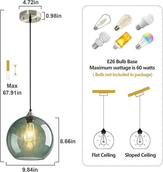Gray Green Glass Pendant Lights Kitchen Island Lighting Globe Pendant Light Fixtures Modern Pendant Lighting for Kitchen Island Bedroom Living Dining Room Light Fixture(9.84in, 3-Pack)