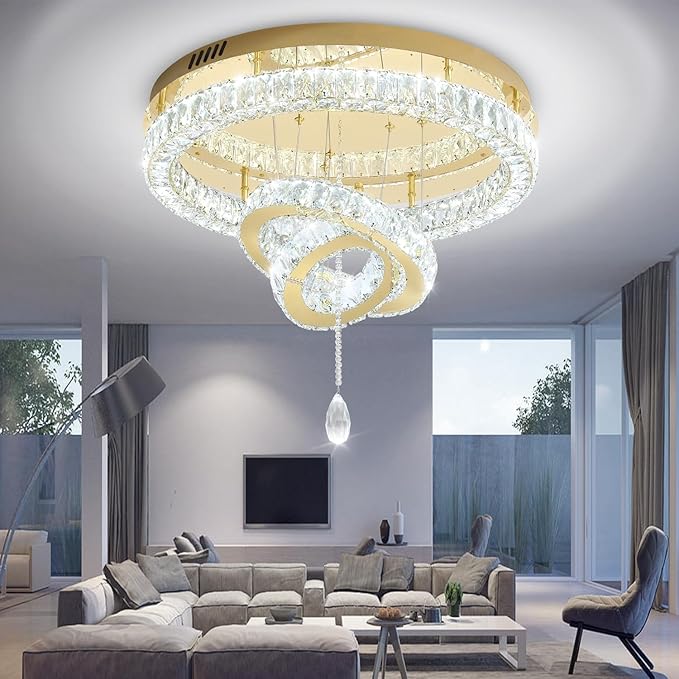 Flashing God Dia 32'' Modern Chandeliers for Living Room Crystal Flush Mount Ceiling Chandelier Large Chandeliers for Dining Room Bedroom LED Dimmable 3000-6000K Gold