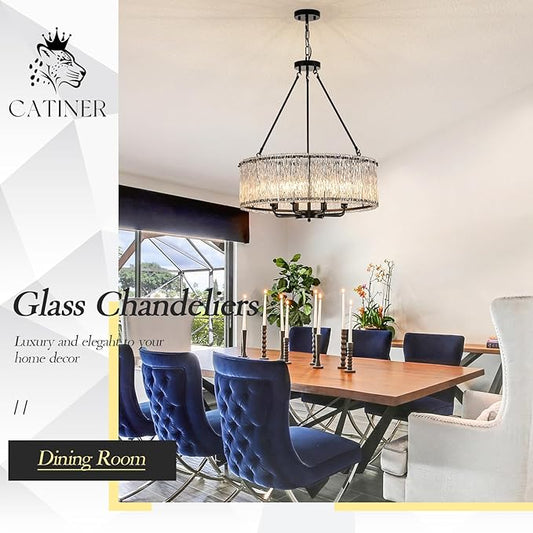 CATINER Modern Drum Chandelier 24.4" Black Crystal Glass Chandeliers 8-Light Luxury Ceiling Pendant Lighting Fixture for Dining Room Foyer Living Room Bedroom