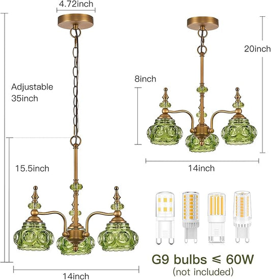 3-Light Green Pendant Lighting Fixtures Vintage Brass Pendant Light for Bedroom Kitchen Island Dining Room Living Room