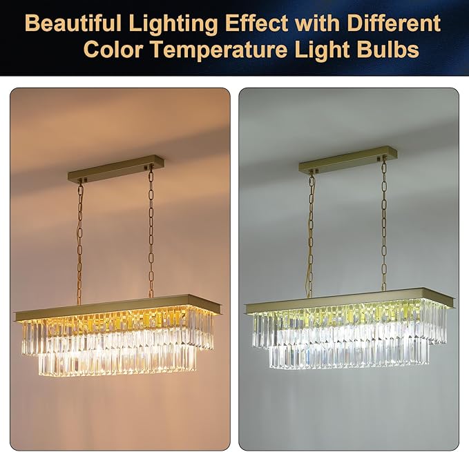 A AXILIXI Rectangular Crystal Chandelier Gold for Dining Room Modern Chandelier Rectangle Linear Pendant Light Fixtures for Kitchen Island L33” K9 Luxury Long Chandelier for Living Room