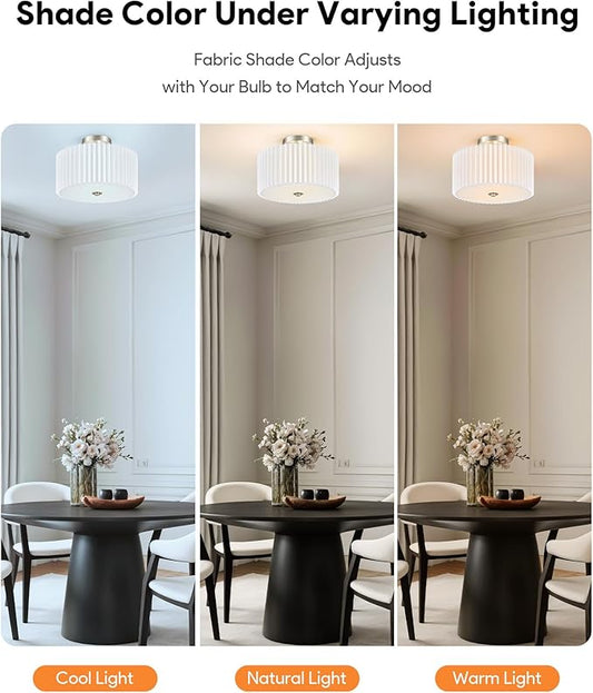 VONLUCE Semi-Flush Mount Ceiling Light, 12.2" Modern 2-Light Ceiling Light Fixture with White Pleated Drum Shade 2 E26 Sockets for Bedroom Entryway Living Room, Nickel Finish, ETL Certificated