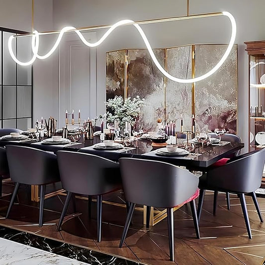 SMG Modern LED Linear Pendant Light for Dining Room, Dimmable Gold Chandelier for Office, 59" DIY Ceiling Chandelier Light with Remote Control Stepless Dimming, Restaurant Kitchen Long Hose Lamp