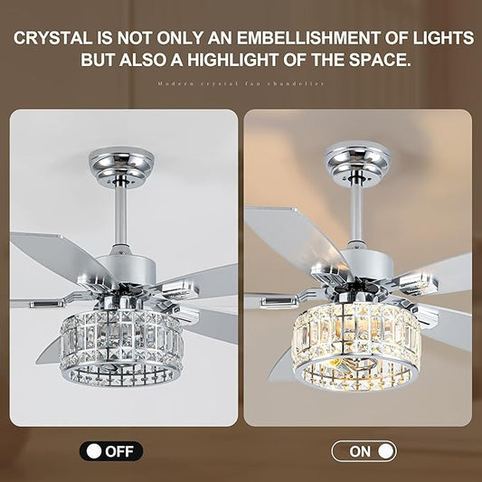 Chandelier Ceiling Fans with Lights and Remote,Caged Ceiling Fan with Light,App 5 Blades E26 Fandelier Ceiling Fans with Lights,Crystal Ceiling Fan for Bedroom,Living Room. (Nickel, 42 Inch)