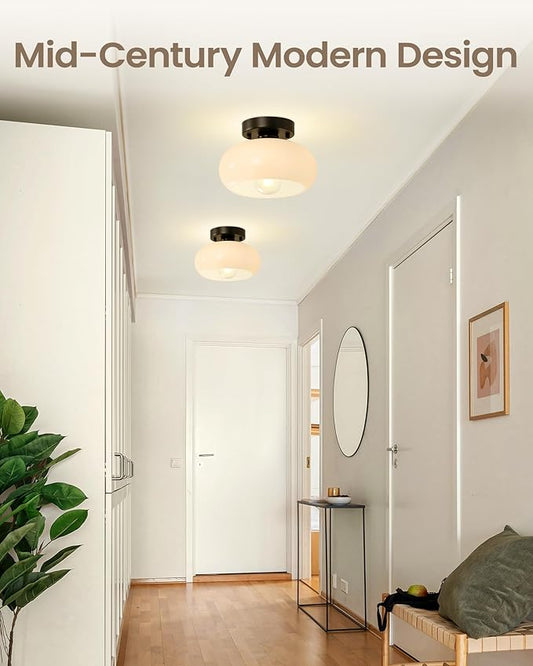 Yunnix Semi Flush Mount Ceiling Light, Black Light Fixture, Mid-Century Modern Farmhouse Milk Glass Small Light Fixtures for Hallway, Bathroom, Kitchen, Bedroom, Living Room, Closet(8.66 Inch)