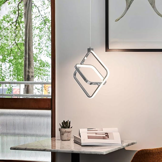 Modern LED Chandelier Chrome Rectangular Pendant Light Fixtures 4000K 20W Dimmable Height Adjustable Pendant Lighting for Dining Room Kitchen Island Bedroom Living Room Foyer(1-Pack)