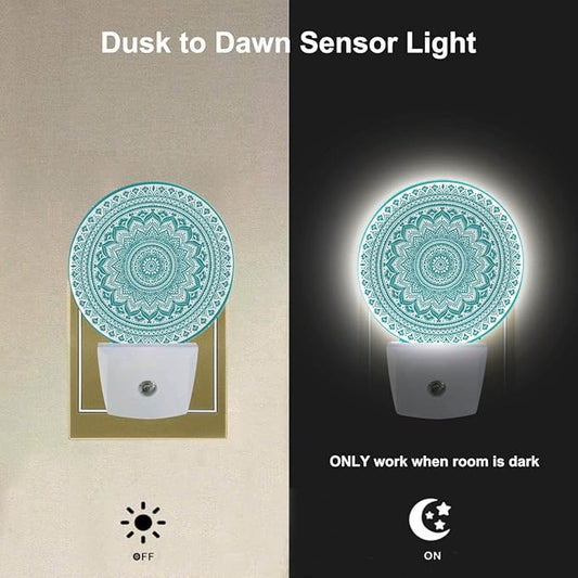 EKOBLA Mandala Plug-in Night Light, Teal Green Floral Mandala LED Nightlight with Dusk to Dawn Sensor for Kids, Adults & Grandparents