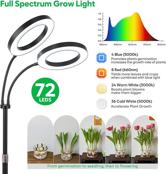 Dual-Head Grow Lights for Indoor Plants, LED Full Spectrum Floor Plant Lamp with Timer 3/9/12H, Height Adjustable 23"-67" Standing Grow Light for Large Tall Plants, 10 Brightness & Flexible Gooseneck