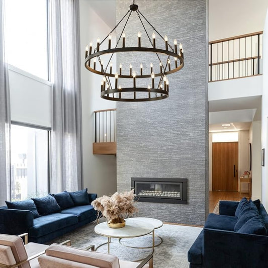 HHR 48 Inch 2 Tier Wagon Wheel Chandelier, 36-Light Extra Large Black Round Chandelier, Rustic Farmhouse Light Fixture for High Ceilings, Dining Room Living Room Foyer Entryway