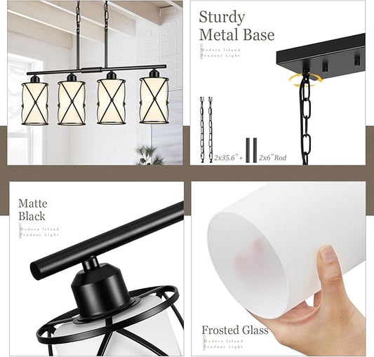 4-Light Kitchen Island Lighting, Modern Black Linear Dining Room Light Fixtures with Milk Glass, Farmhouse Industrial Chandelier Pendant Light for Kitchen Island Dining ROM, CH9176BKW-4IS
