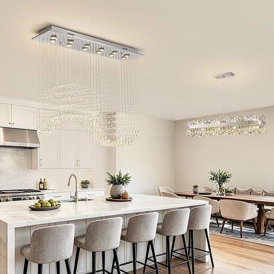 Siljoy Rectangle Wave Raindrop Chandelier for Dining Room, 12 Light Modern Rectangular Flush Mount Crystal Pendant Ceiling Light for Living Room Kitchen L47'' x W11.8'' x H40''