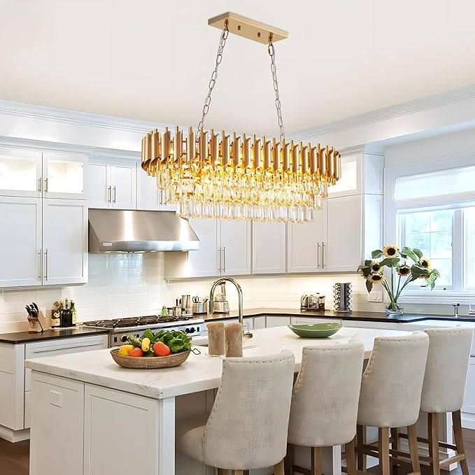 Modern Rectangular Chandelier Gold Crystal Chandeliers for Dining Room, 10-Light Pendant Light Fixture Oval Contemporary Ceiling Hanging Light for Kitchen